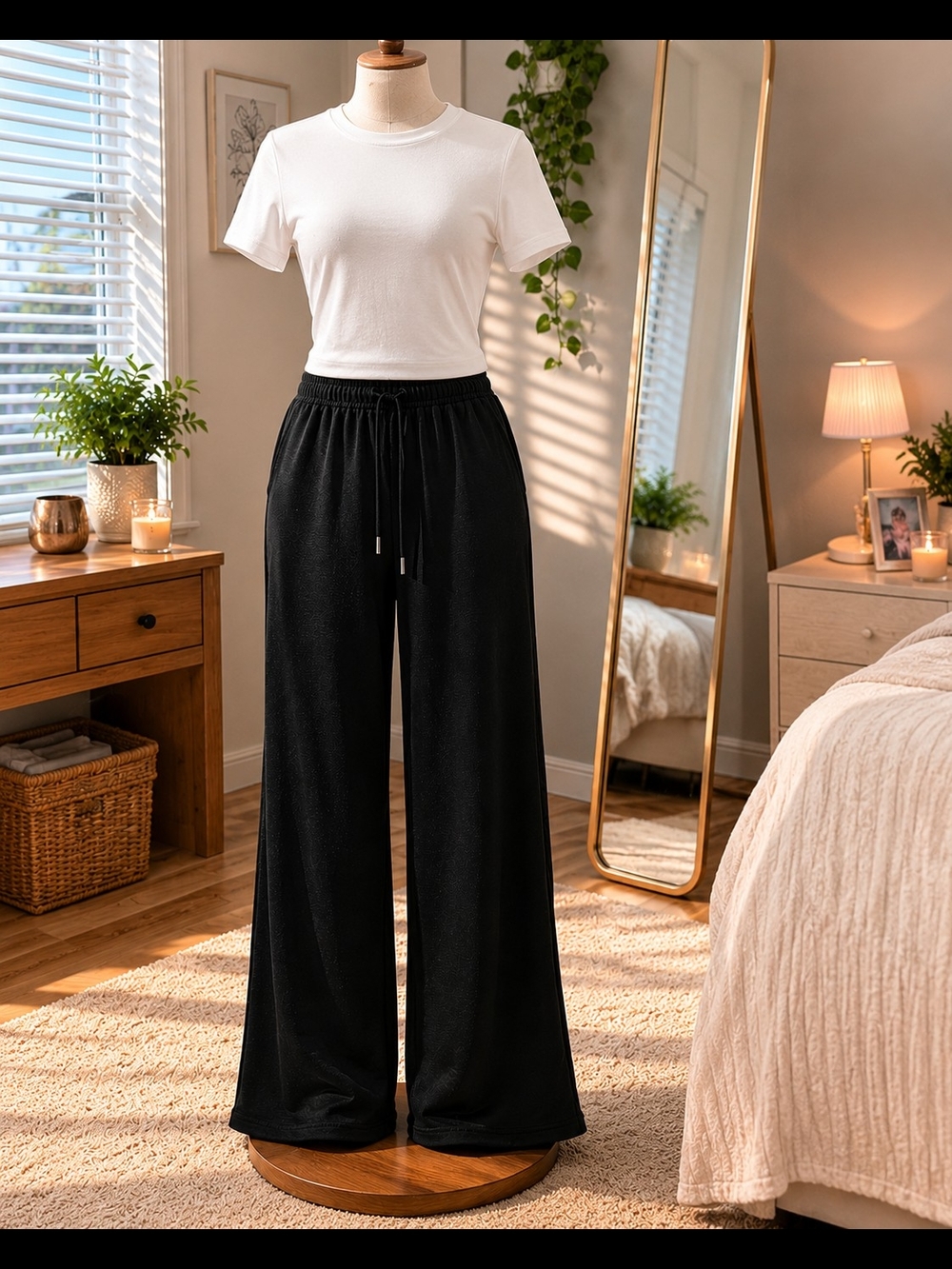 Black Wide Leg Lounge Pants Women’s Flare Drawstring Pants Pockets